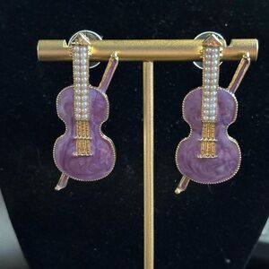 NEW metal with acrylic violin earrings gold tone with purple 2.75”